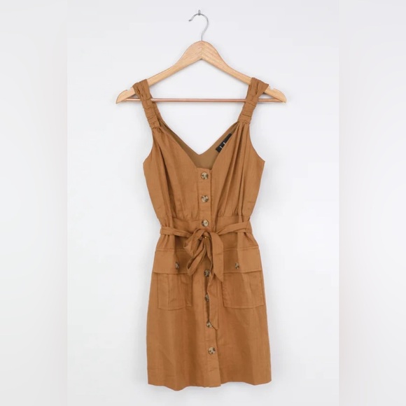NWT Lulu’s  Meant for Greatness Tan Button-Front Mini Dress, Size M - Picture 5 of 15